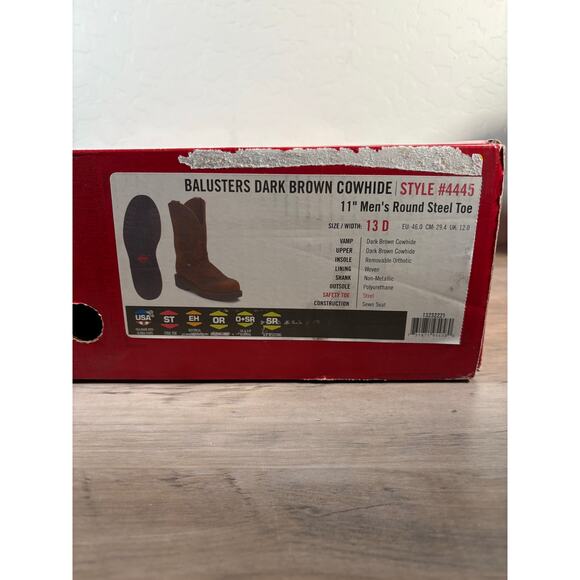 Justin Balusters 4445 Mens 13 D‎ Steel Toe Work Boots Dark Brown Cowhide Leather main image 9